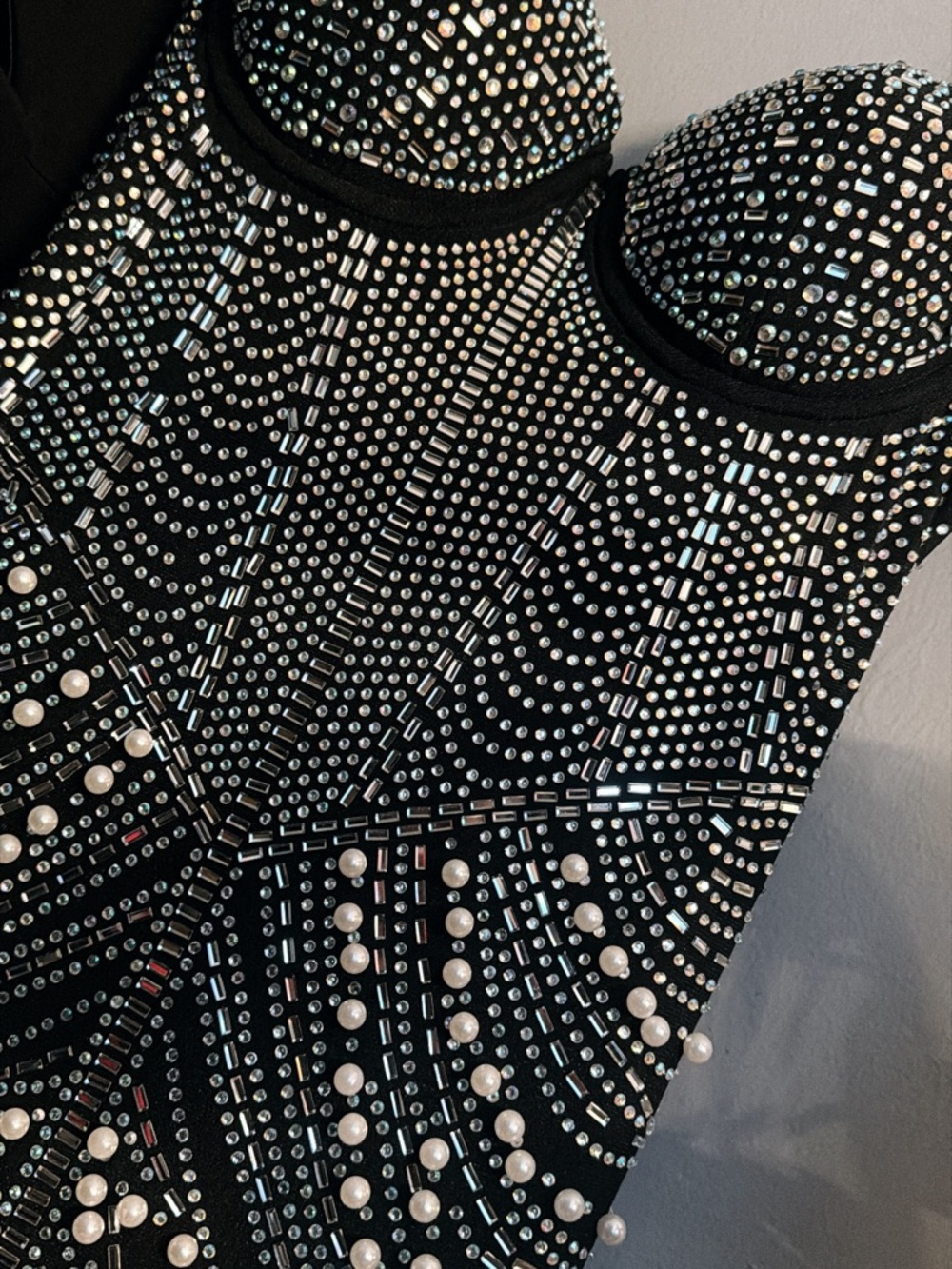 Banjul Black Strapless Mini Dress with Crystal & Pearl Embellishments